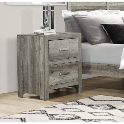 Table d'appoint de chambre à coucher transitionnelle avec placage en faux bois, 2 tiroirs, gris, table de chevet en placage de nickel, chambre à coucher, gris vieilli, ton