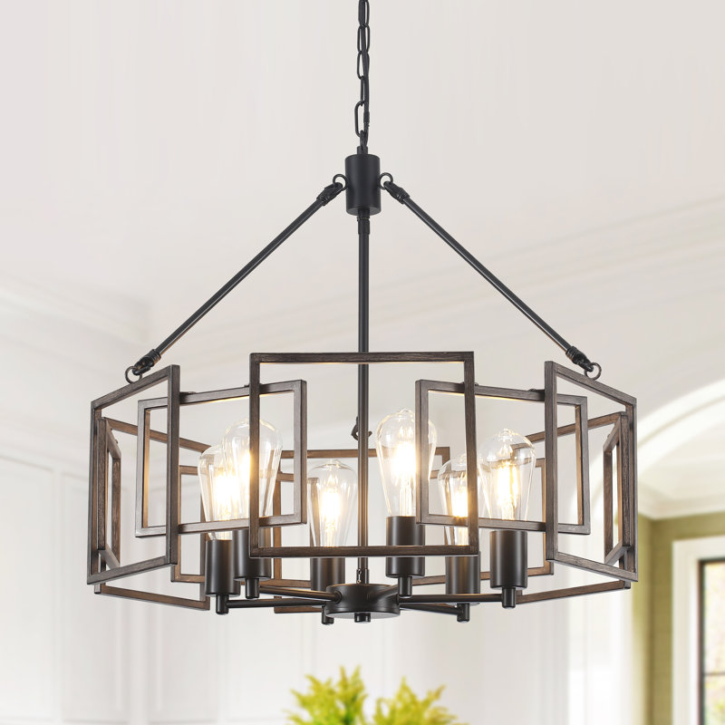 Grand lustre géométrique en métal industriel à 6 lumières de 24,02 po pour le salon et la cuisine, Noir / grain de bois