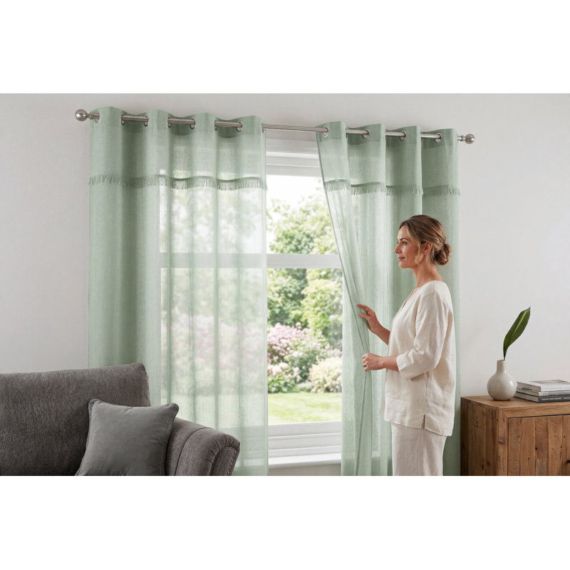 Rideau Aftonshire aspect lin vert sauge, panneau à œillets de 213 cm avec cantonnière