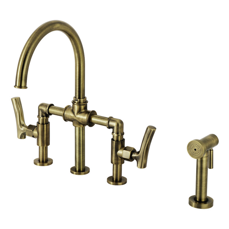 Kingston Brass Hallerbos Two-Handle 4-Hole Deck Mount Bridge Kitchen Faucet with Brass Side Sprayer, Antique Brass