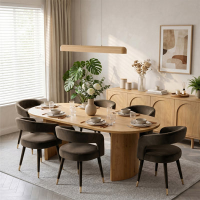 Modern 79" Oval Dining Table Set With 6 Velvet Upholstered Arm Dining Chairs