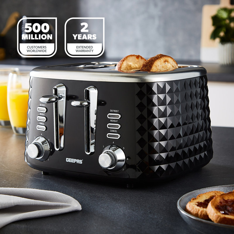 GEEPAS 4 Slice Bread Toaster & 1.7L Illuminating Electric Glass Kettle Combo Set | 1750W Toaster, 7 Level Browning Control | 3000W Cordless Glass Jug Kettle, Auto Shut Off & Boil Dry Sensor | Black
