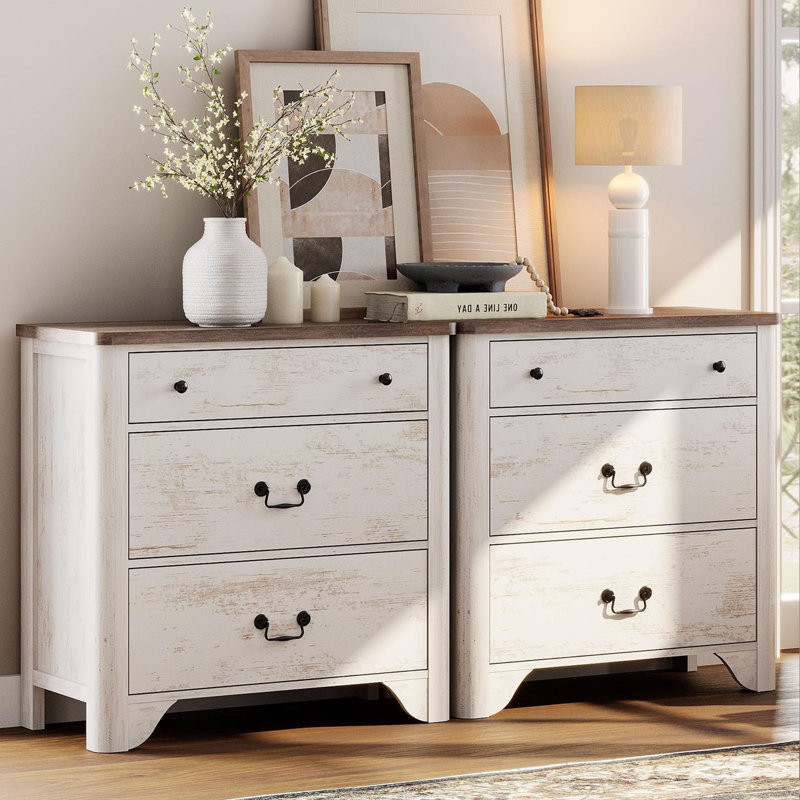 Commode décorative 6 tiroirs Haikey Commode en bois l 63 po, Blanc / brun, 2 pièces