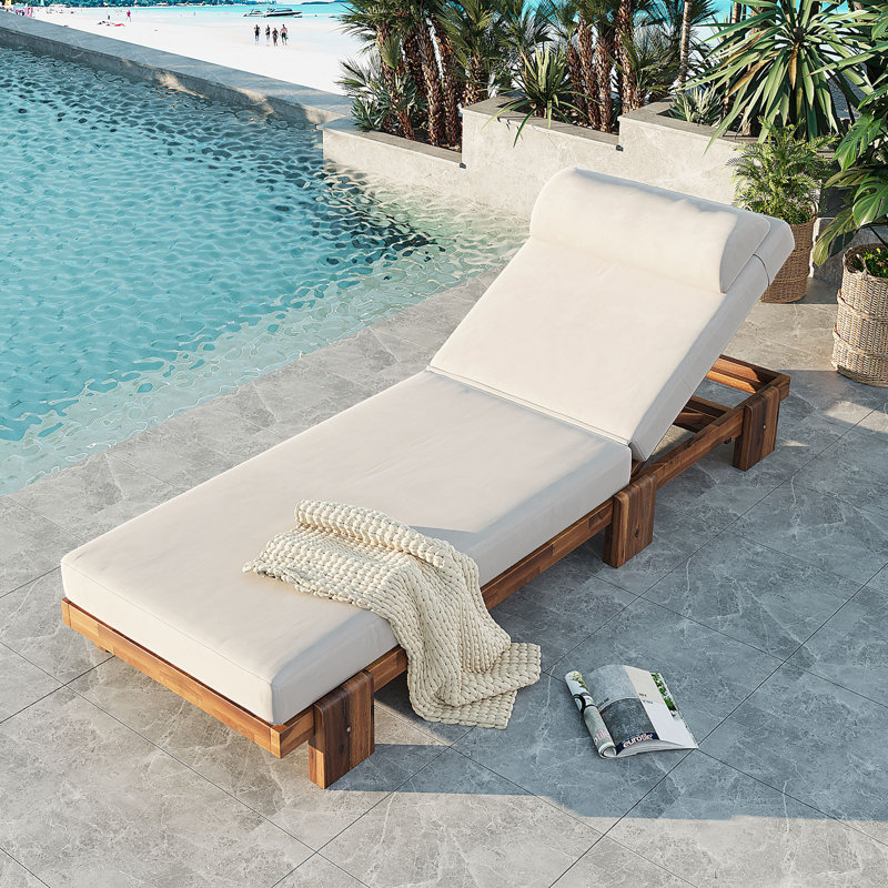 79'' Outdoor Acacia Wood Reclining Chaise Lounge with Integrated Side Table and Headrest, Beige