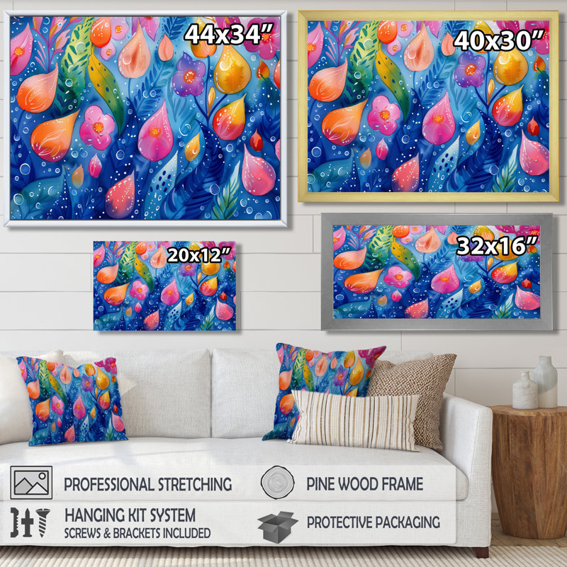 «Pink Blue Flowers Under Water I - Aquariums», reproduction d'art mural, Cadre simple noir, H 16 po x l 32 po