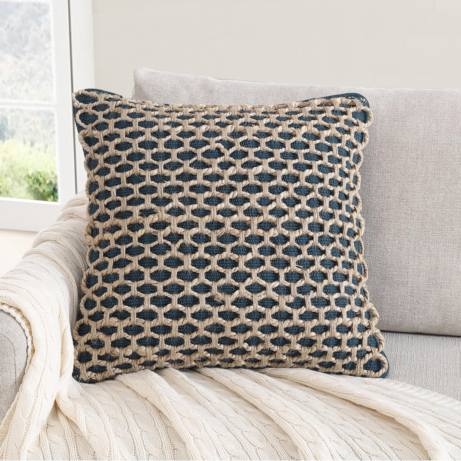 Ablo Textured Cotton Throw Pillow, Square 20", Indigo/Natural