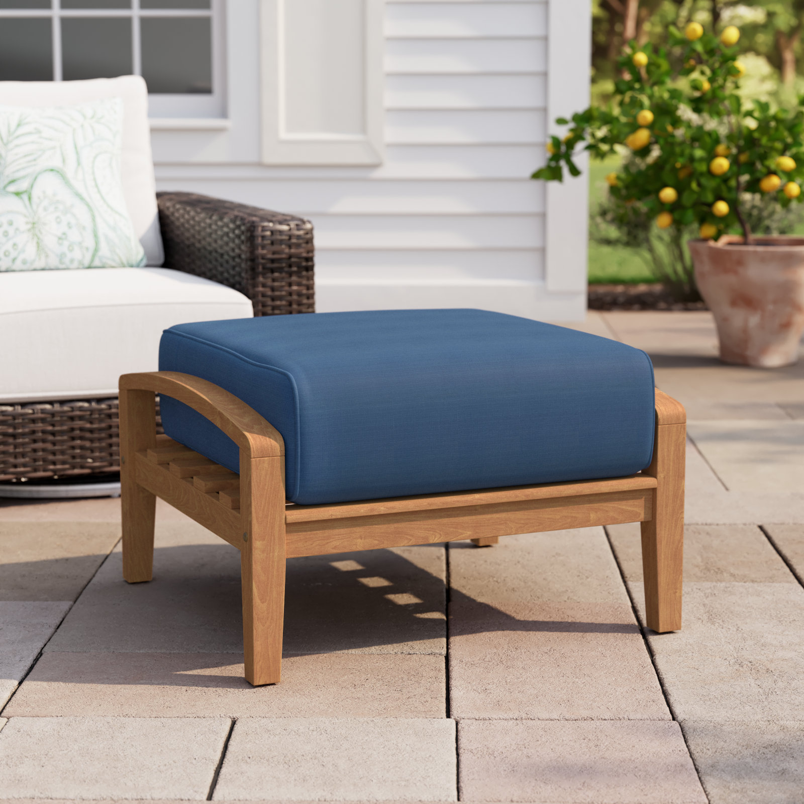 Summerton Upholstered Outdoor Ottoman with Cushion, Navy Performance Olefin, Natural