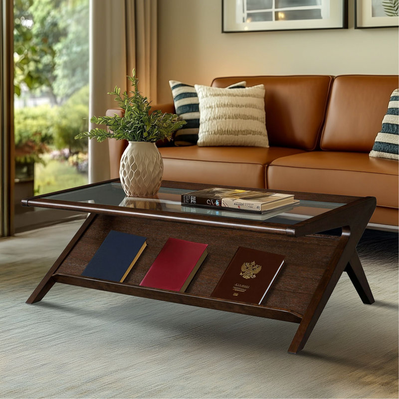 table basse en bois et verre trempé, brun marocain