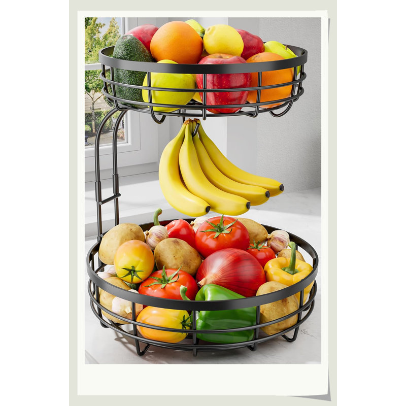 Panier à fruits à 2 niveaux en métal avec support à banane amovible, rangement pour comptoir de cuisine résistant à la rouille