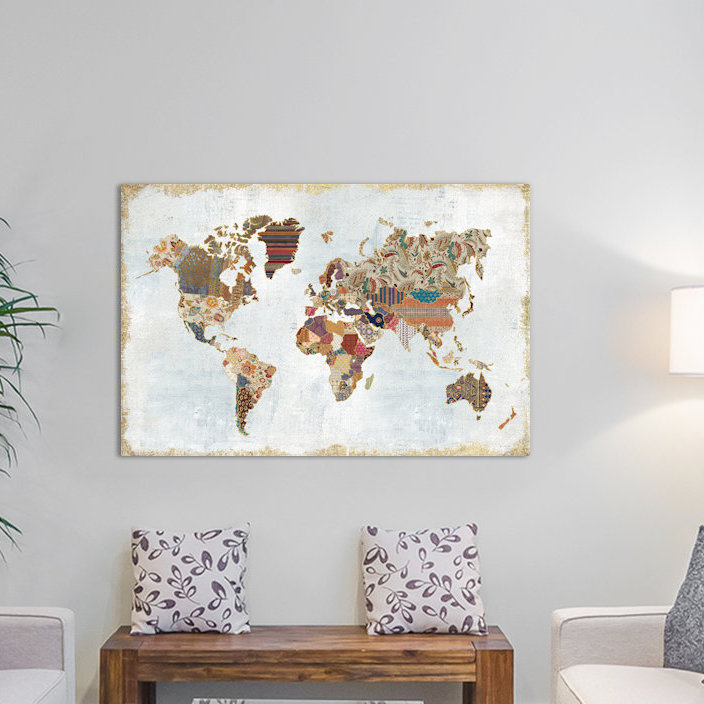 Mappemonde à motifs, impression sur toile tendue, H 18 po x l 26 po x p 1,5 po, Toile avec cadre noir, Pas de tapis