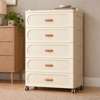 Collapsible Drawer Tower, 5-Tier Plastic Storage Organizer Cart with Doors & Wheels, Stackable Organizers, Plastic Bins for Home, Bedroom, Office, Dorm, Cream