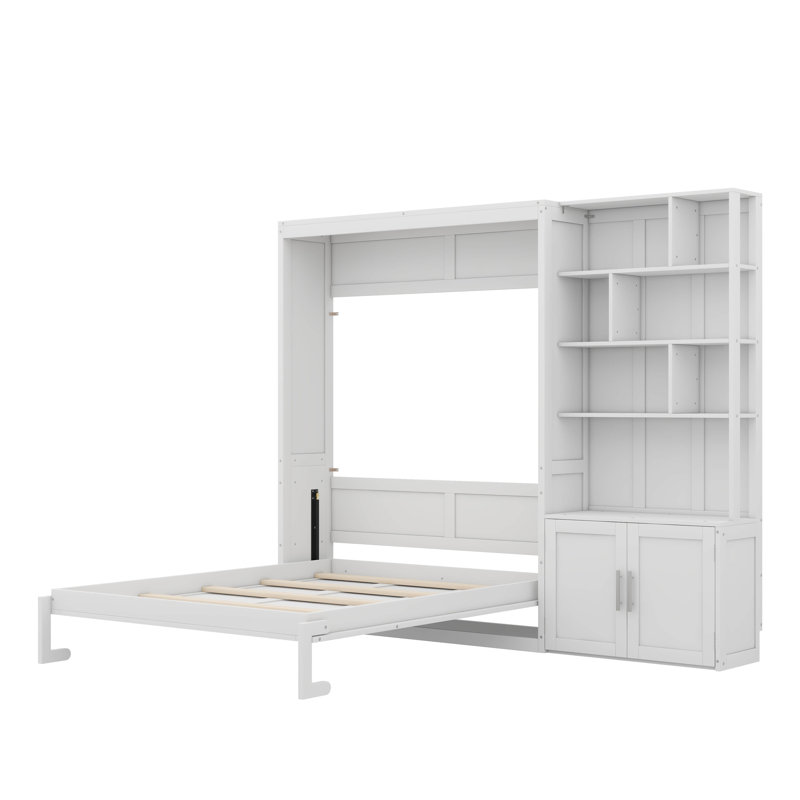 Full-Sized Murphy Bed Featuring Multiple Storage Shelves And A Cabinet