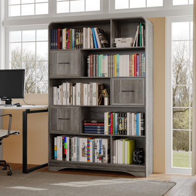 Bookshelf with Storage 3 Bins,70" Tall Bookcase,Arched 5-Tier Open Bookshelves and Bookcases,Farmhouse Wooden Billy Bookcase Display Rack for Bedroom, Living Room, Office,Grey