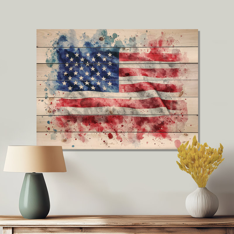 Aquarelle, drapeau américain - impression sur bois États-Unis - sur bois de pin naturel, H 10 po x l 20 po x P 0,78 po