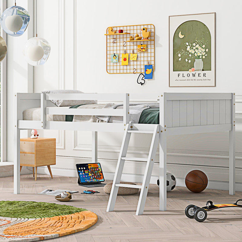 Lit mezzanine bas en bois avec échelle, Blanc