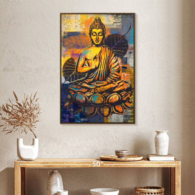 Bouddha assis en forme de lotus, 25" x 37", Floating Frame Walnut