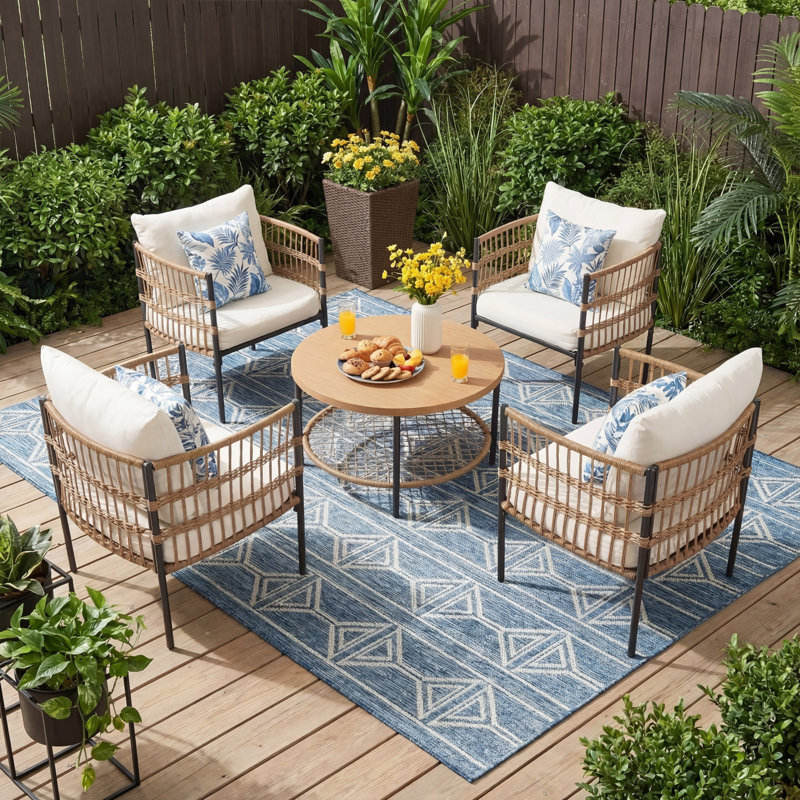 Ensemble de conversation pour 4 personnes avec chaises en corde tissée et table d'appoint
