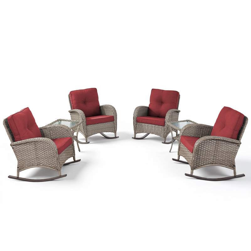 Ensemble de chaises berçantes d'extérieur en osier toutes saisons avec table d'appoint (ensemble de 4), Gris, Rouge