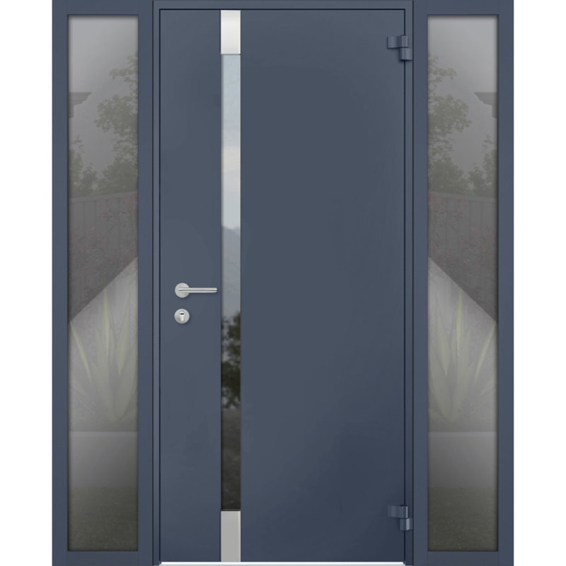 Porte d'entrée extérieure prémontée en acier Cynex 6777 grise, avec 2 fenêtres latérales et supérieures, inserts en acier inoxydable, style moderne, peinte, dimensions : L 12 + 32 + 12 x H 80 + 16, ouverture à gauche vers l'intérieur.