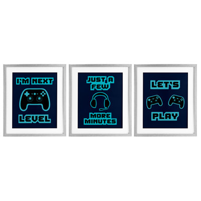 Ensemble de 3 impressions encadrées sous verre rétro Blue Gaming Words, design par Marcus Prime