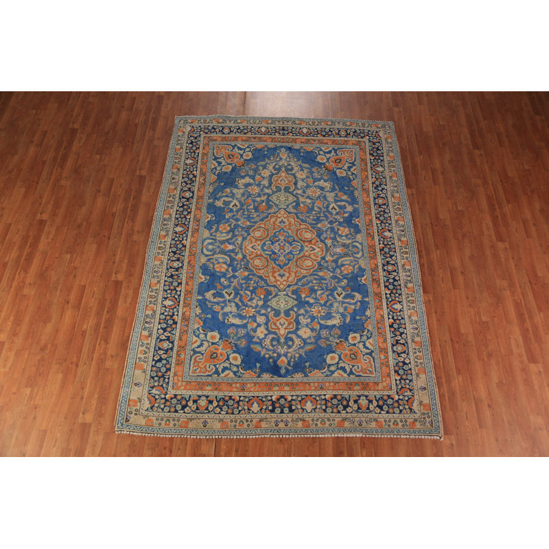Tapis traditionnel bleu et orange en laine 7 x 9