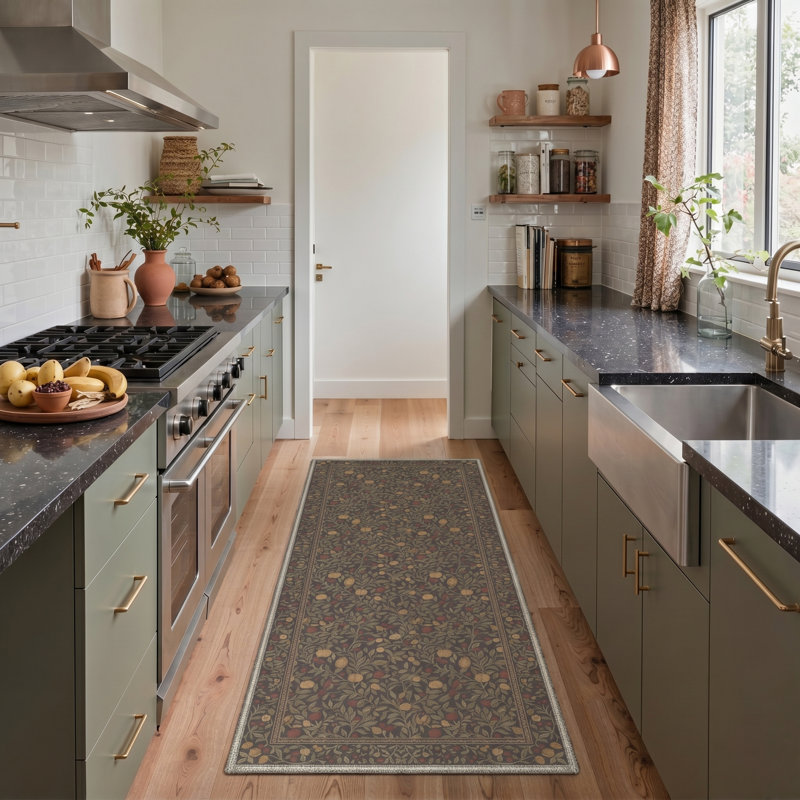 Vineyard Vintage Machine Washable Green / Yellow / Red Indoor Area Rug with Non-Slip Backing, Runner 2' x 7'