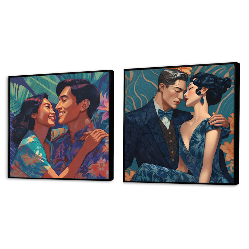 Beautiful Asian Couple In Love - Romantic Square Collage, lot de 2, Cadre flottant noir, H 16 po x l 33 po