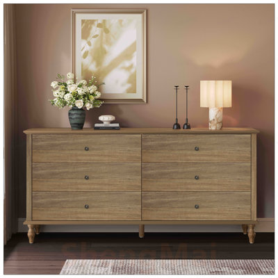 Commode double en bois à 6 tiroirs avec glissières à fermeture automatique, poignées en cuivre et trousse anti-basculement pour un rangement sécuritaire