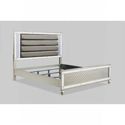 Modern Style Champagne Finish King Size Panel Bed White & Blue Led Light Mirror Accents Faux Leather Upholstery Solid Wood Wooden Bedroom Furniture