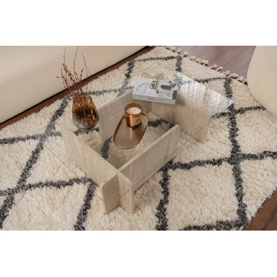 Modern Coffee Table with Tempered Glass Top, 105 x 30 x 65 cm, 100% Melamine Coated Particle Board Frame, Thickness: 0 cm, Travertine Marble Design, For Contemporary Living Rooms