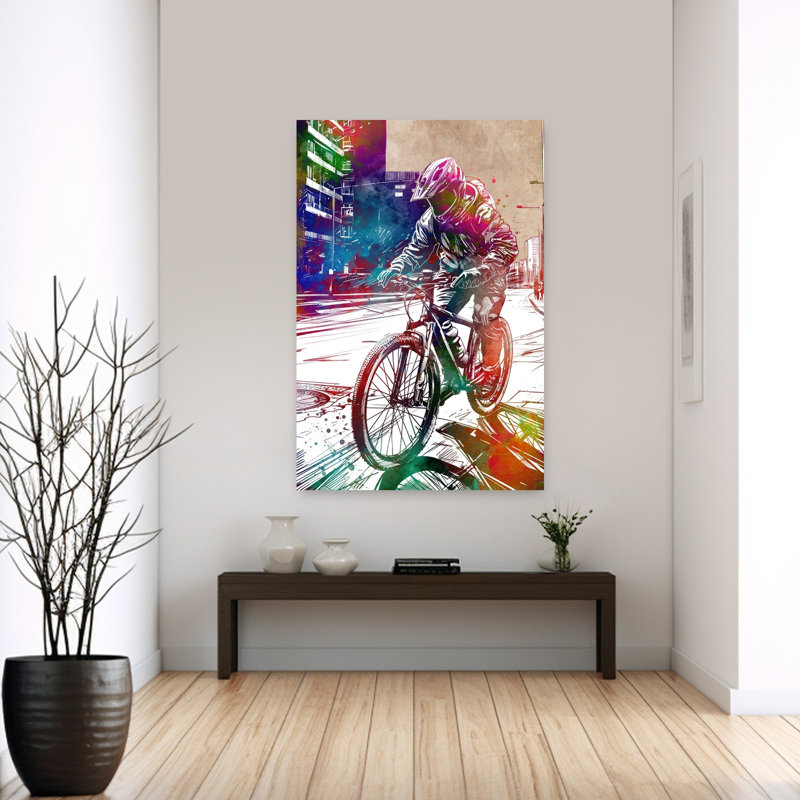 «Vibrant Street Biker Contemporary Architecture City», art mural, H 60 po x l 40 po