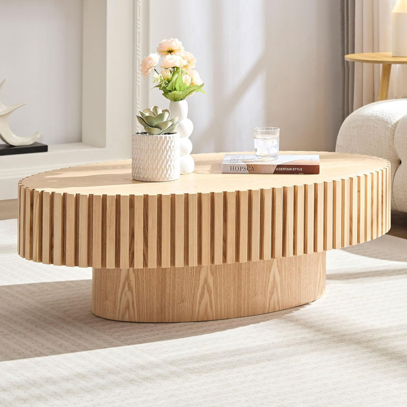 Table basse ovale en panneau de fibres à densité moyenne, Bois de frêne naturel, H 13,38 po x l 43,7 po x P 24,8 po