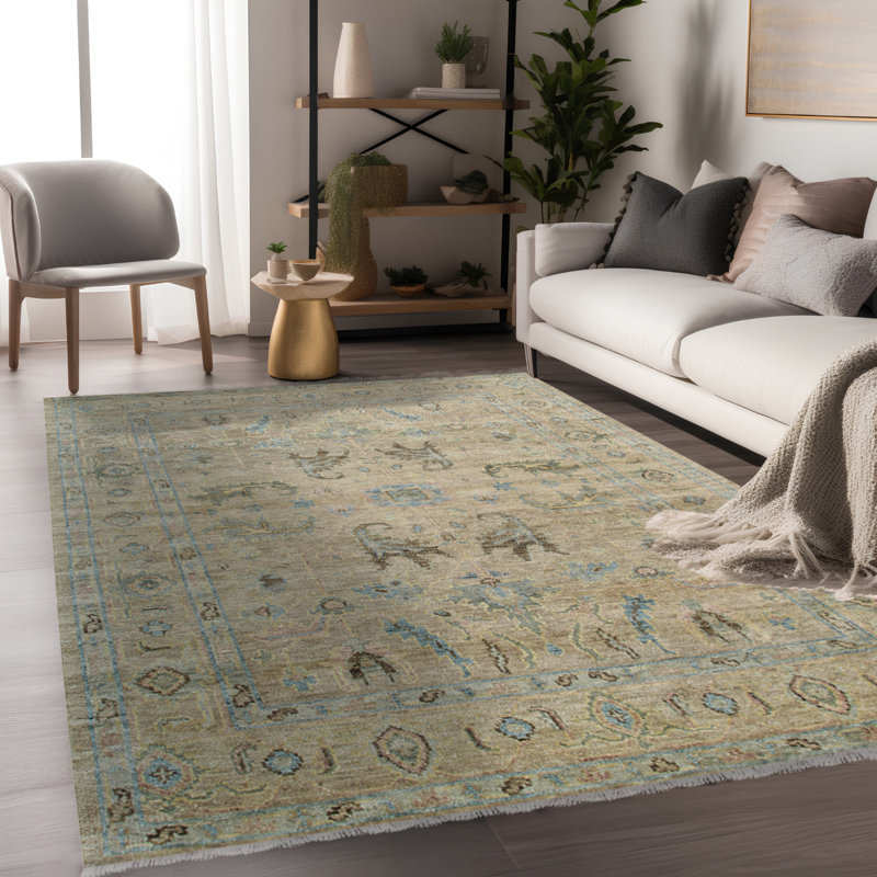 Elegant Hand Knotted Wool Brown and Blue Oushak Rug, 8' x 10'