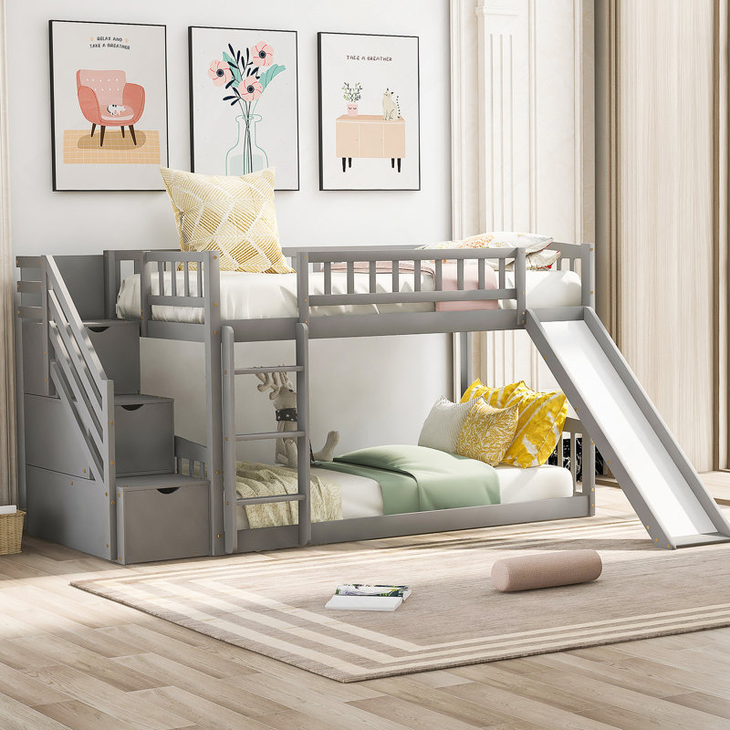 Lit superposé au dessus d'un escalier Kazier avec 2 tiroirs et glissade, Gris