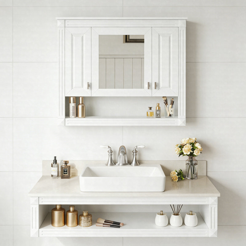 Armoire de salle de bain 35 po avec miroir, armoire à pharmacie murale avec tablettes réglables et rangement ouvert, armoire de toilette