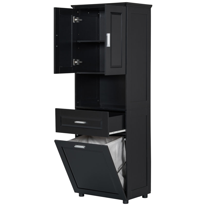 Tall Bathroom Cabinet With Laundry Basket, Large Storage Space Tilt-Out Laundry Hamper And Upper Storage Cabinet, Black
