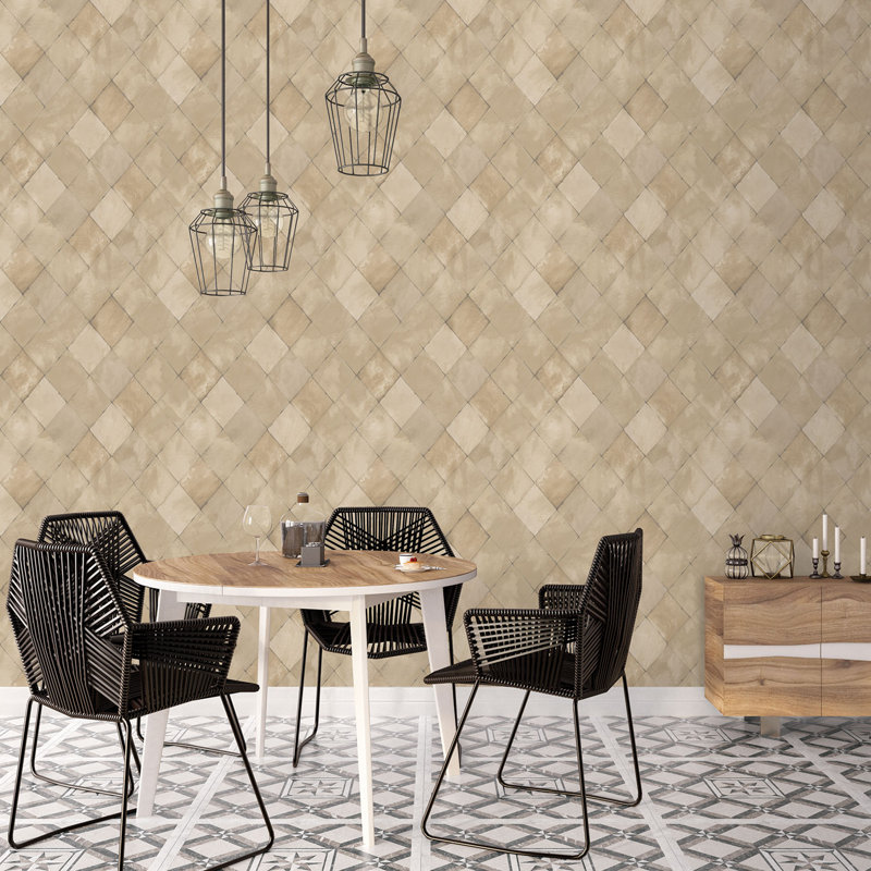Kitchen Recipes Geometric Tile Effect 32.8' L x 21" W Wallpaper Roll, Beige/Cream