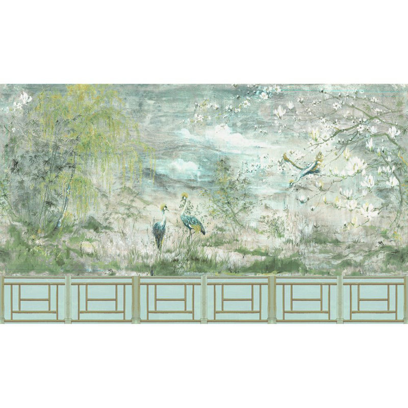 Blossom Chinoiserie Animal Print Metallic Wallpaper, Green Gold