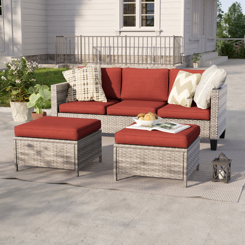 3-Set Outdoor Grey PE Wicker Furniture Wide Seat Conversation Couch Set Extra Ottomans Design for Lawn, Patio and Porch, Gray