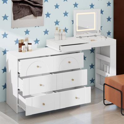 Bureau de meuble-lavabo avec miroir et lumières, conception à couvercle rabattable, 7 tiroirs, 9 compartiments, 3 tablettes et 3 modes de couleur réglables pour la chambre à coucher