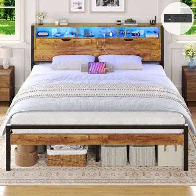 Metal Bed Frame with LED Light and Charging Stations, Platform Bed Frame with Wooden Headboard, No Box Spring Needed