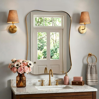 Contemporary Dual Concave Edge Scalloped Rectangle Bathroom Vanity Mirror | Stainless Steel Frame