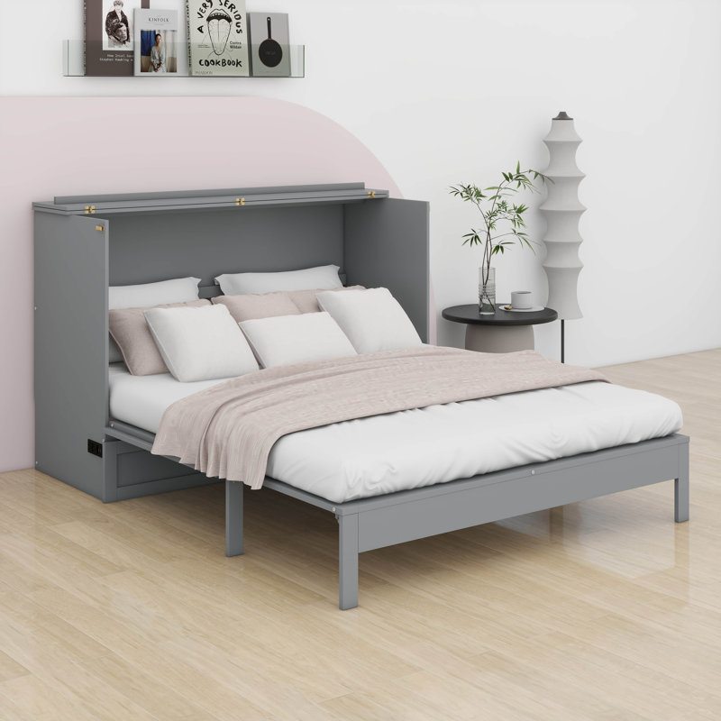 Lit escamotable double, lit escamotable double en bois avec grands tiroirs, Gris