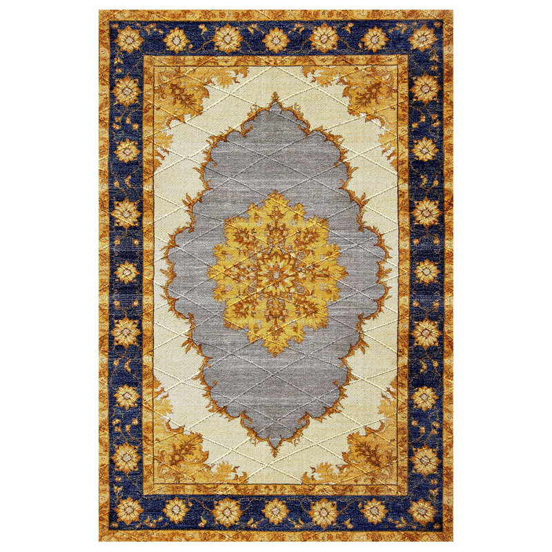 Girvin Yellow Oriental Machine Printed Cotton Polyester Area Rug, Runner 5'3" x 10'6"