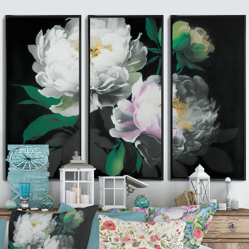 Blooming White Peony II - Blooming White Peony II - 3 pièces, reproduction sur toile, Cadre noir, H 28 po x l 36 po x P 1 po