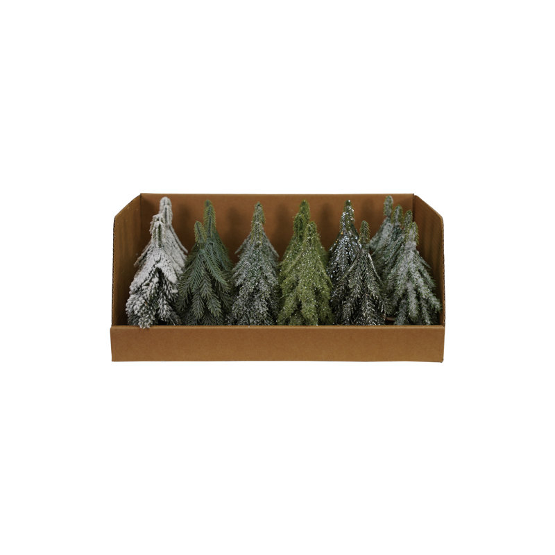24 pièces d'arbres à feuillage persistant rond avec bases en bois naturel, H 4,38 po x l 2 po x P 2 po