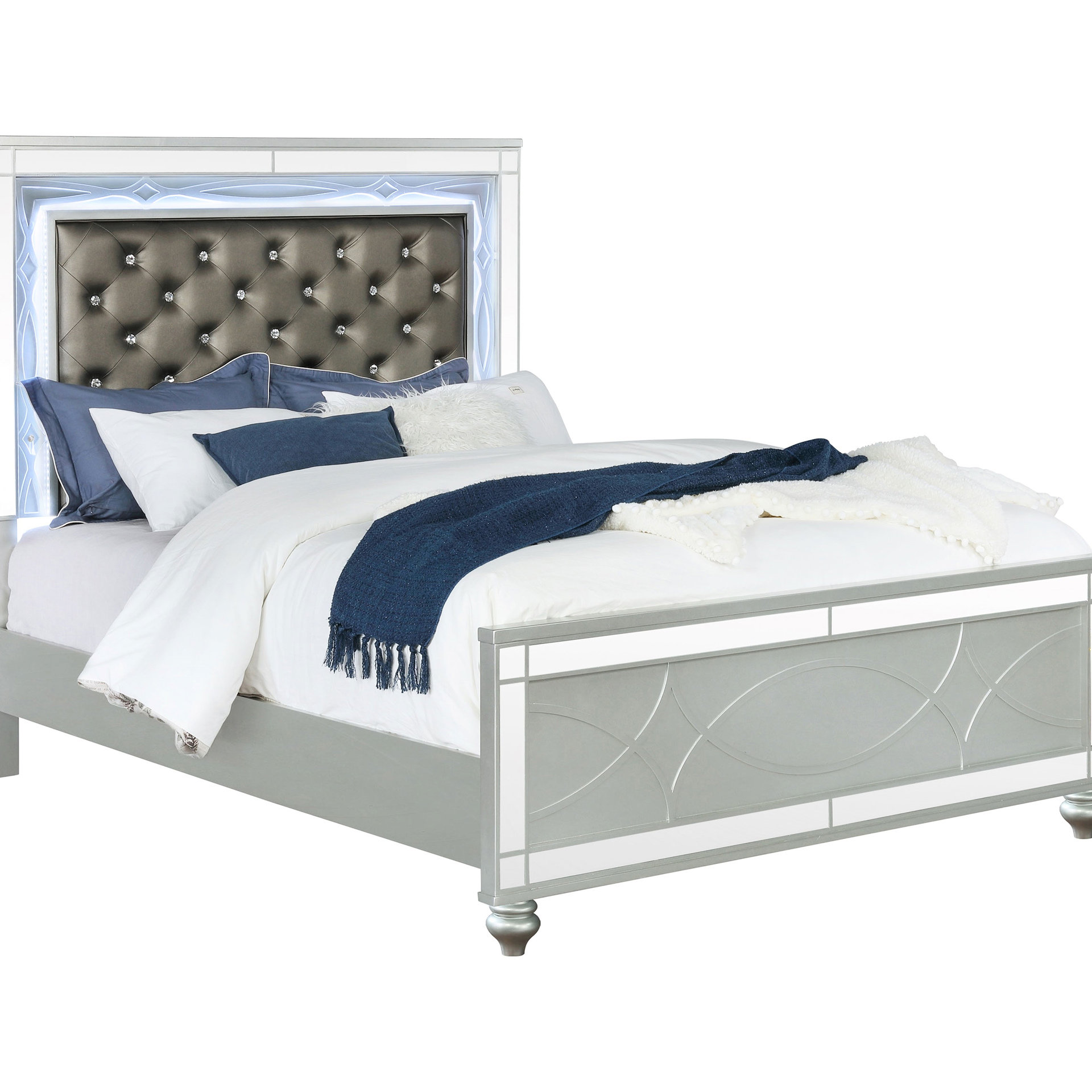 Everly Quinn Blue Led Lit Metallic Upholstered Queen Panel Bed, Design ...