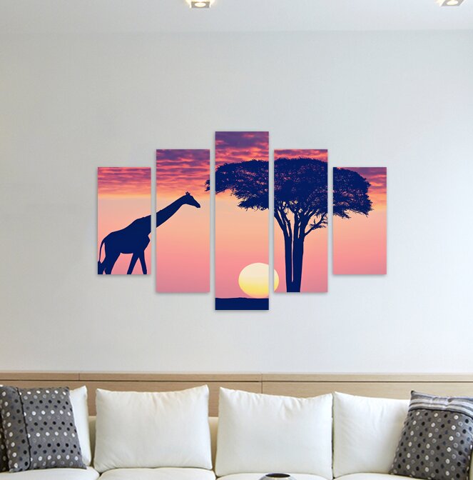 5-tlg. Leinwandbilder-Set Silhouette mit Giraffe und Akazie