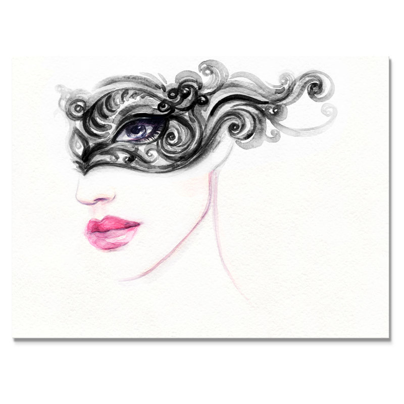 Fashionista avec masque de Venise noir - reproduction sur toile, H 16 po x l 32 po x P 1 po, Toile tendue