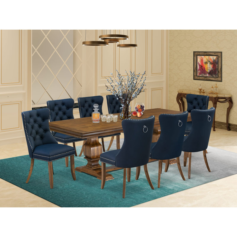 9 Pieces Dining Table Set Includes a Rectangle Table and 8 Navy Blue Polyester fabric Dining Chairs, Antique Walnut